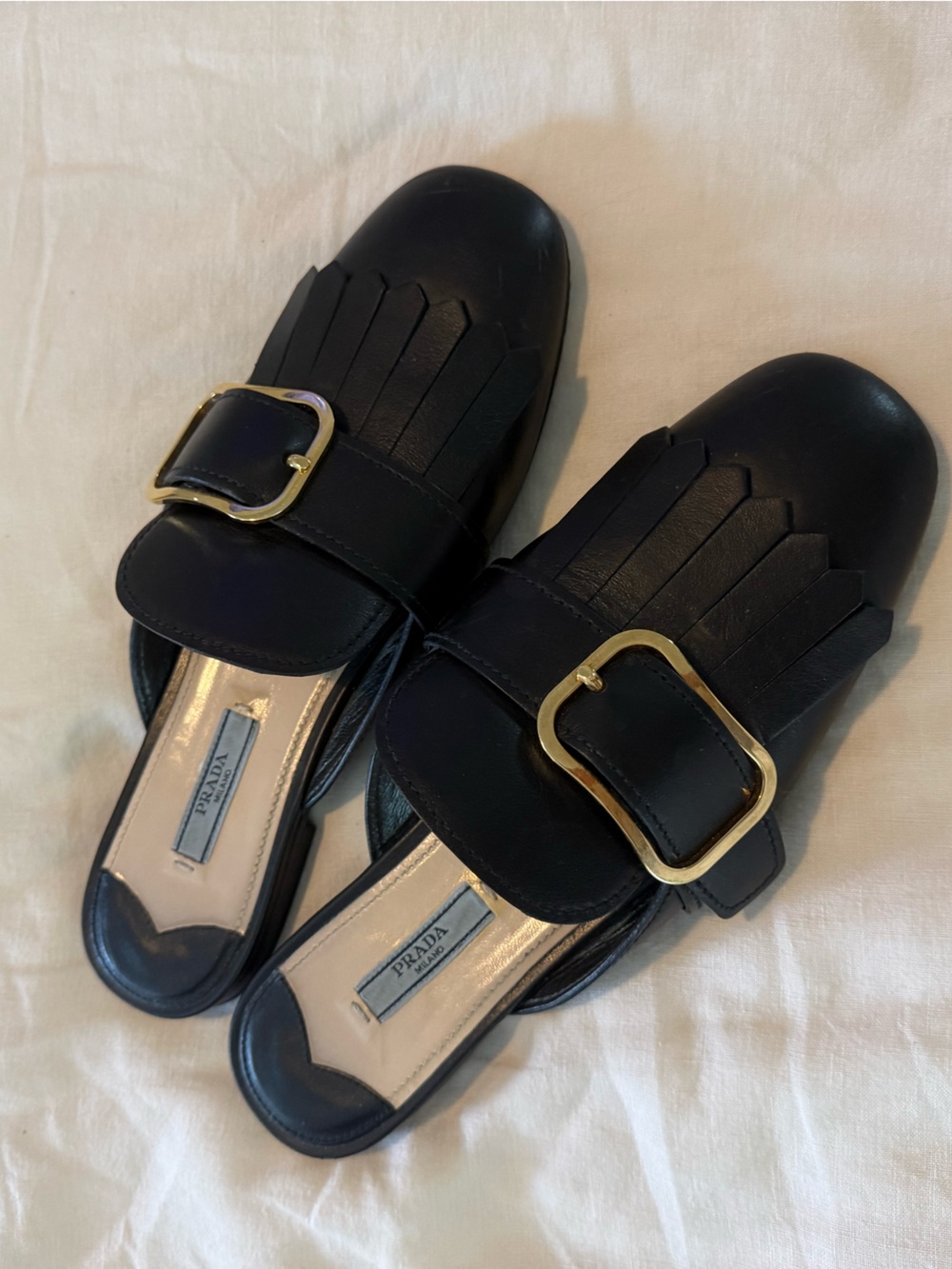 Prada Black Leather Kiltie Fringe Buckle Slip-On Mules EUC - Picture 3 of 10